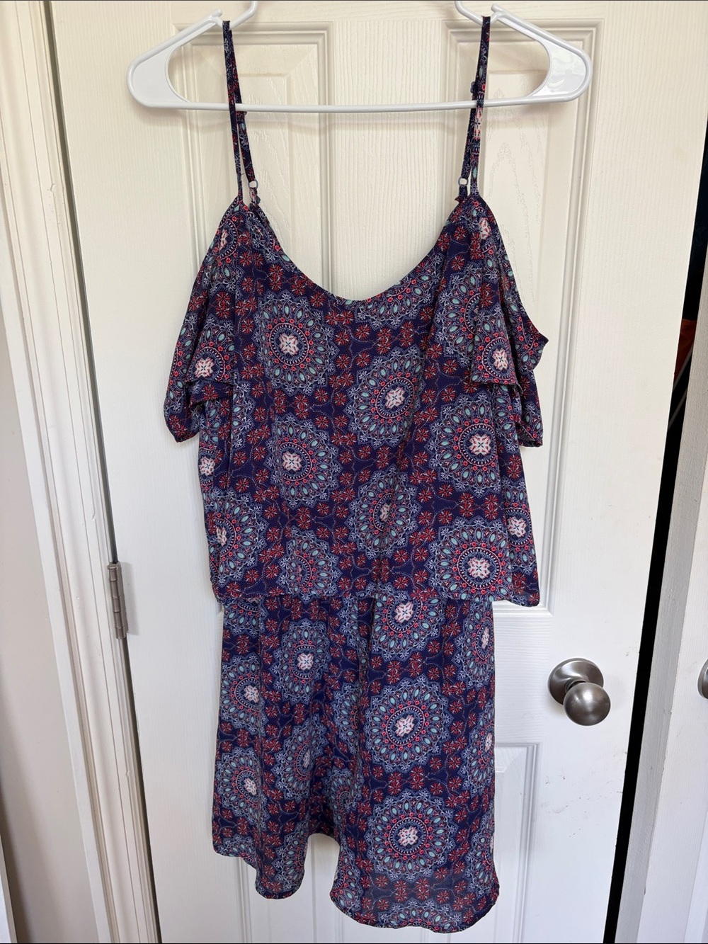 Charlotte Russe Navy and Red Medallion Cold-Shoulder Mini Dress